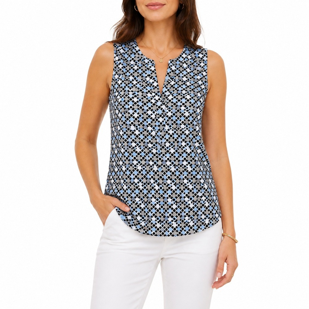 Dana Buchman Split Neck Geometric Circle Print Blouse Blue Tan Size S